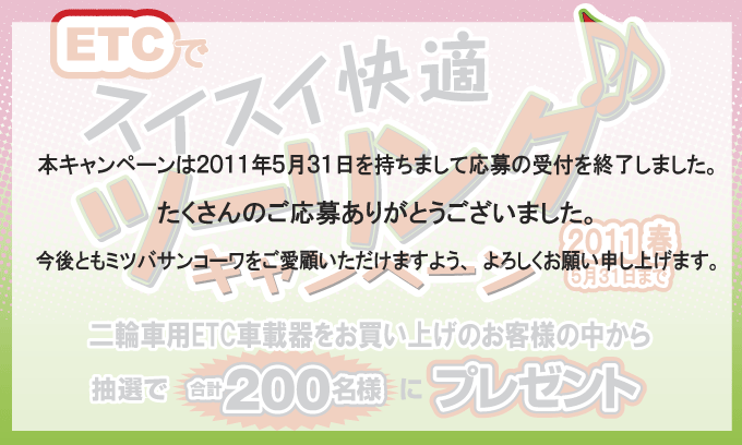 本キャンペーンは2011年5月31日を持ちまして応募の受付を終了しました。たくさんのご応募ありがとうございました。今後ともミツバサンコーワをご愛顧いただけますようよろしくお願い申し上げます。 キャンペーン終了のご案内