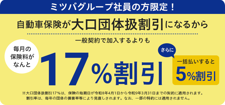 ミツバグループ社員の方限定！自動車保険が大口団体扱割引扱いになるから一般契約で加入するよりも17%割引